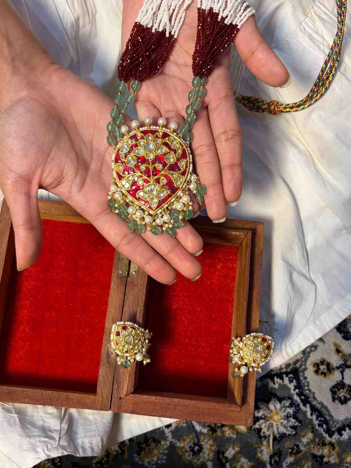 heritage inspired mayurika necklace Gold jewellery in lightweight 22K gold with natural polki accents